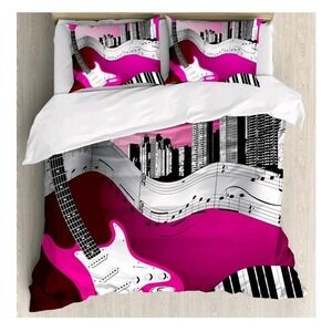 Ambesonne Music Duvet Cover Set, Bass Guitar Keyboard Urban Rock